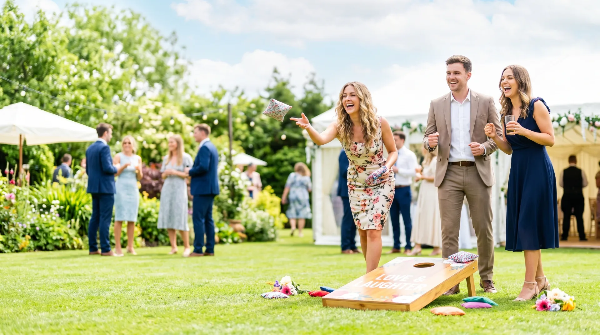 couple at a wedding playing large outdoor lawn games